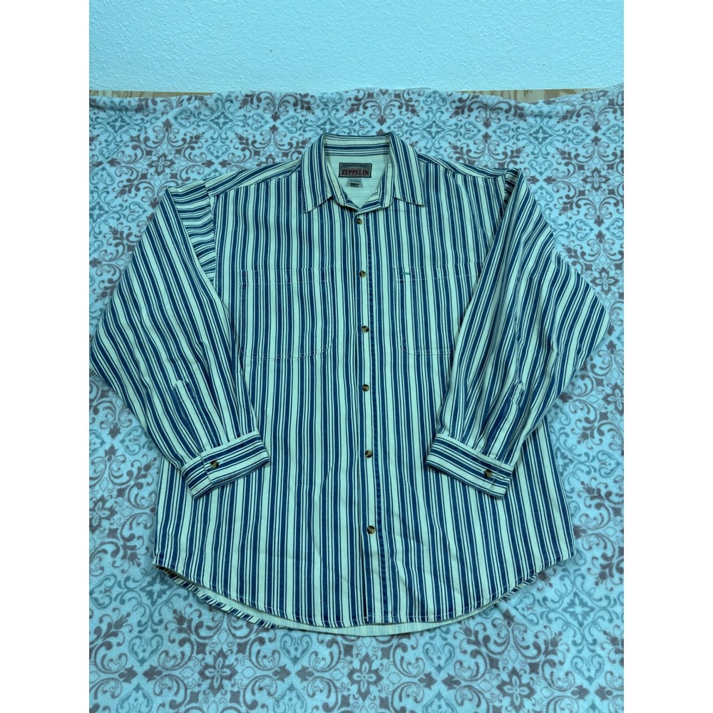 Zeppelin Mens Large Blue Cream Striped Long Sleeve Cotton Button Down Shirt
